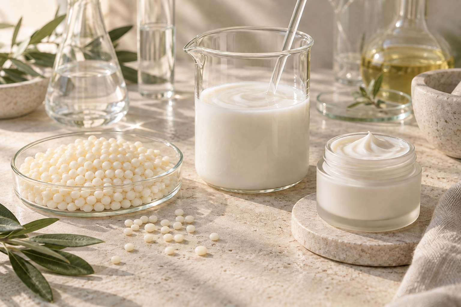 Emulsan II als elfenbeinfarbene Perlen neben frisch emulgierter Creme