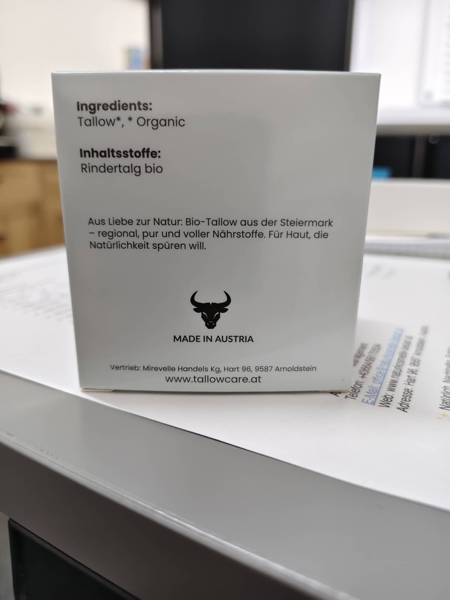 Rückseite der Tallow-Natural-Verpackung mit der Angabe Bio-Rindertalg als Inhaltsstoff